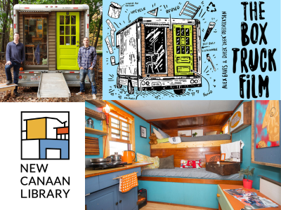 Composite of tiny house exterior and interior with two builders standing outside it. 