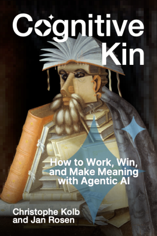 Dark book cover with artistic image of a creature made of books