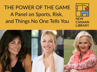 Three headshots of white women from left to right, brunette, blonde, and blonde with text above reading The Power of the Game, a panel on sports, risk, and things no one tells you