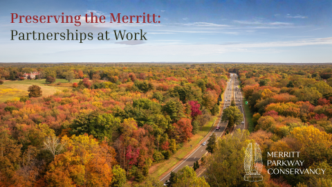 aerial color photograph of Merritt Parkway with colorful Fall foliage