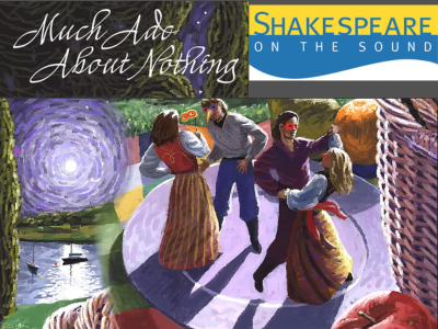 Painted image of costumed dancers with script reading Much Ado About Nothing alongside the Shakespeare on the Sound blue and yellow logo