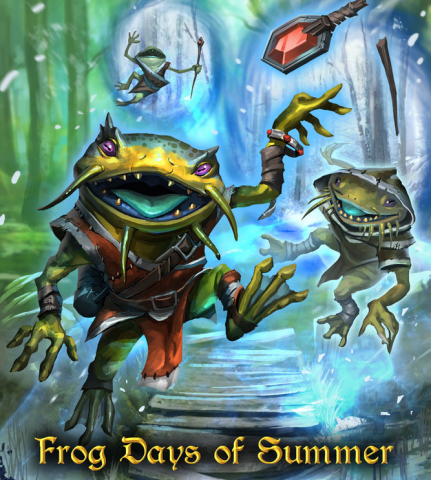 Digital illustration of fantasy frogs with weapons