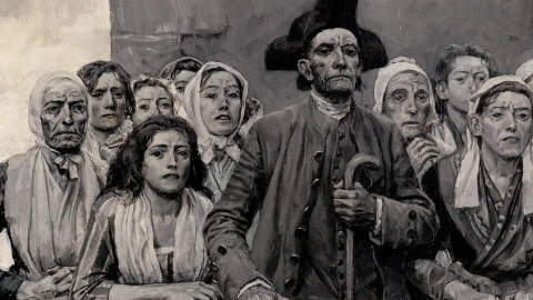 Black and white image of white male American colonist surrounded by white female American conlonists