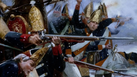 White Hessian soldiers with muskets and pointy gold helmets in the throes of battle