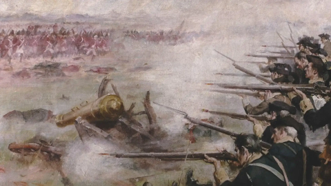 Painting of American colonists firing on British redcoats with a cannon