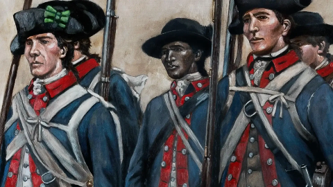 Painting of White and Black American patriots marching