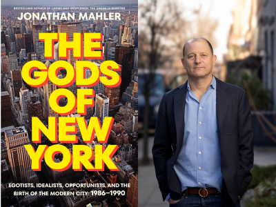 Book cover on left with aerial view of New York City and book title in bright yellow letters, author photo on right of white man in blue collared shirt wearing a dark blazer