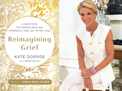Book cover at left with leaf patterns in white and maize, 3/4 author photo at right of white woman with short blonde hair, dressed in white and seated on stool