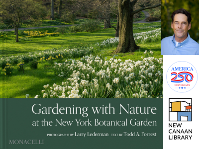 Book cover of lawn with trees and daffodils, author photo at top right, America 250 logo at right-center, and New Canaan Library logo at right-bottom