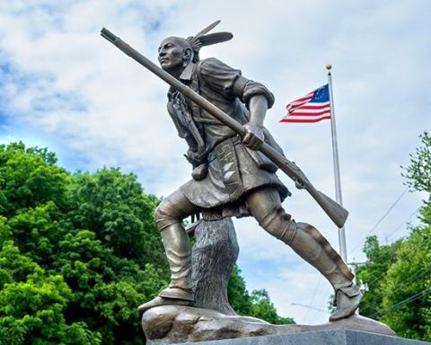 Bronze statue of Stockbridge Militia Native American soldier