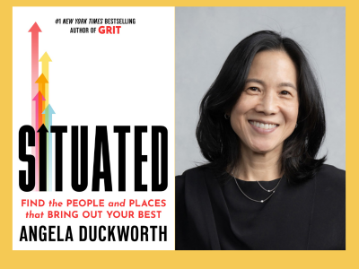 Book cover with colored arrows pointing upward on white background on left, and author photo on right of smiling Asian woman with long, black hair 