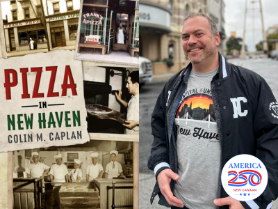 Book cover at left with archival images of New Haven and pizza makers, and 3/4 author photo at right of white male with mustache and beard smiling at camera