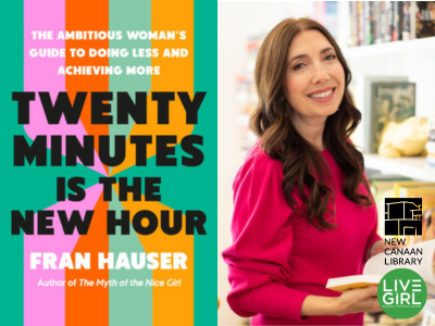 Colorful striped book cover at left with 3/4 author photo of white woman with long brown hair smiling 