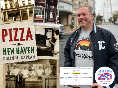 Book cover at left with archival images of New Haven and pizza makers, and 3/4 author photo at right of white male with mustache and beard smiling at camera