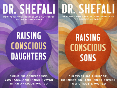 Two book covers side by side, purple on left and rust on right with book titles on them 
