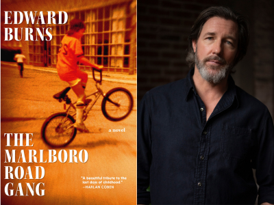 Book cover on left with child popping a wheelie on a bicycle, and author photo on right of white man with brown hair and beard