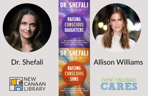 Two book covers stacked vertically with head shots to left and right of white women with long brown hair
