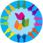 Colorful circle of hands reaching toward books. 
