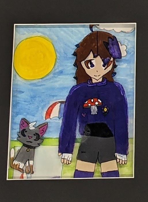 A drawn person with a dog and sun 