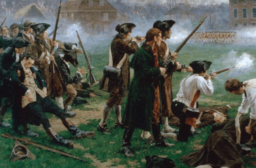 Painting showing American revolutionary soldiers firing at redcoats. 