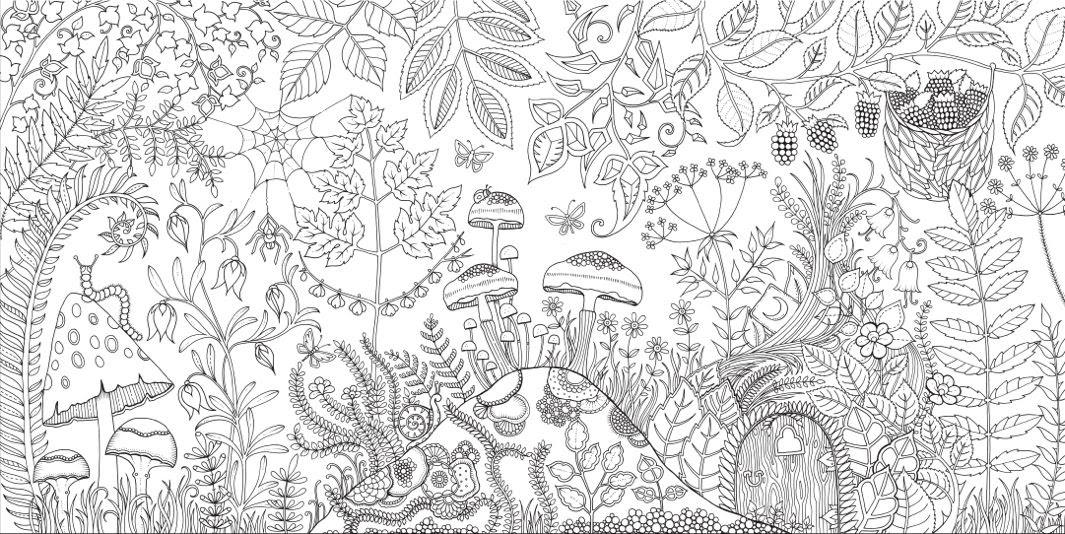 black and white coloring page of a stylized garden
