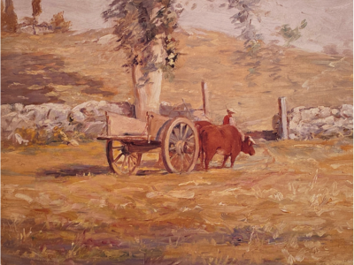 Rear view of wagon pulled by ox with farmer walking toward opening in stone wall in open field