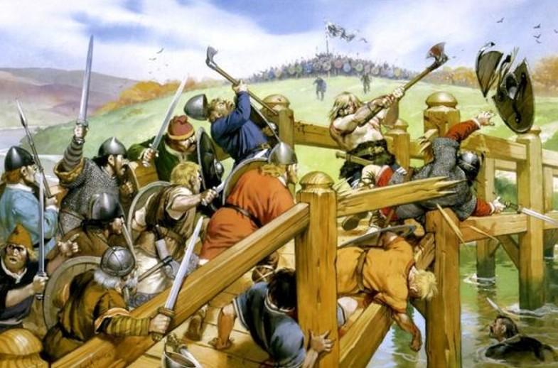 Painting depicting the battle of stamford bridge. 