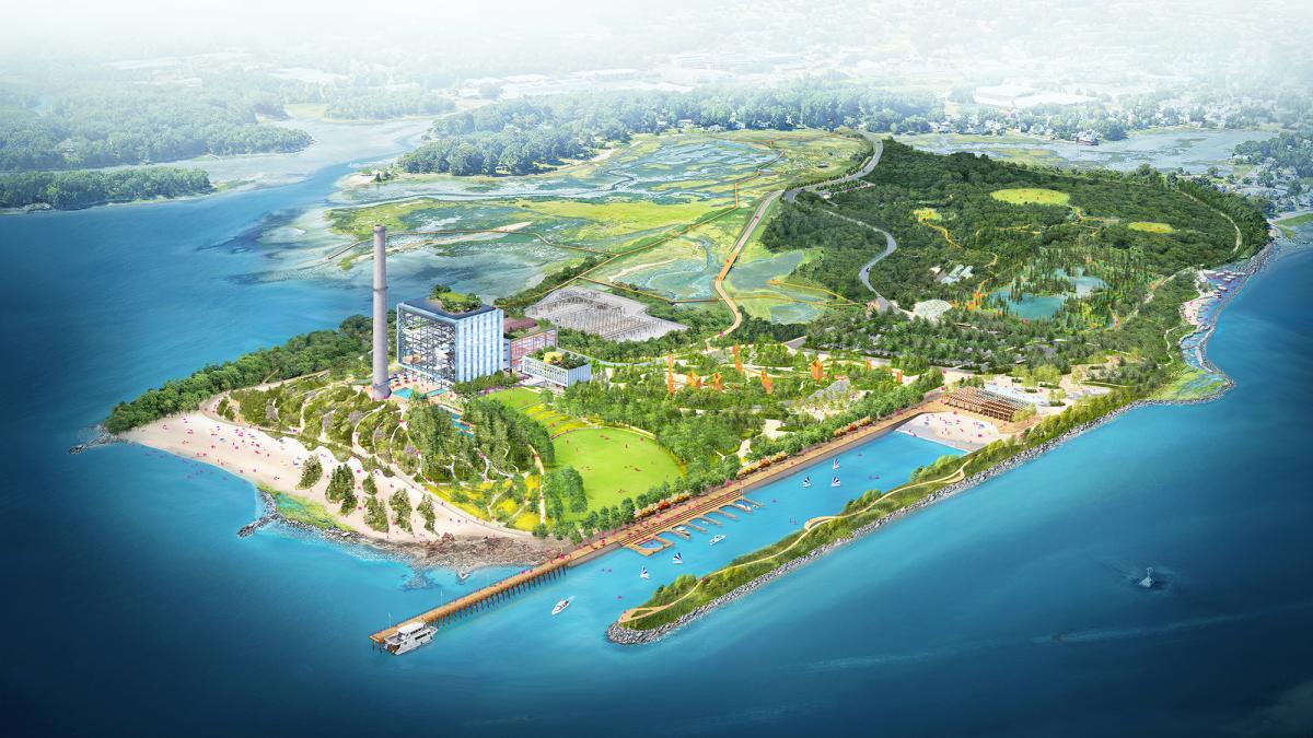 Bird's eye view of Manresa Wilds surrounded by the Sound