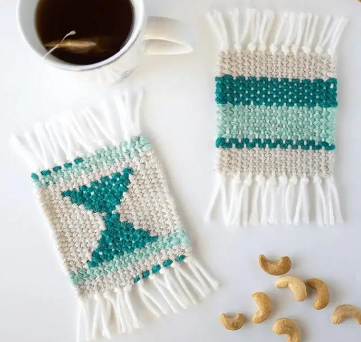 image of two hand woven white and blue coasters