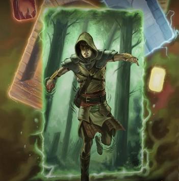 A thief stapping through a glowing gree portal, there is a forest visible behind them