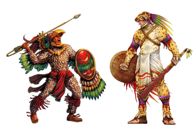 two warriors, one Aztec on Maya, in full ceremonial battle dress