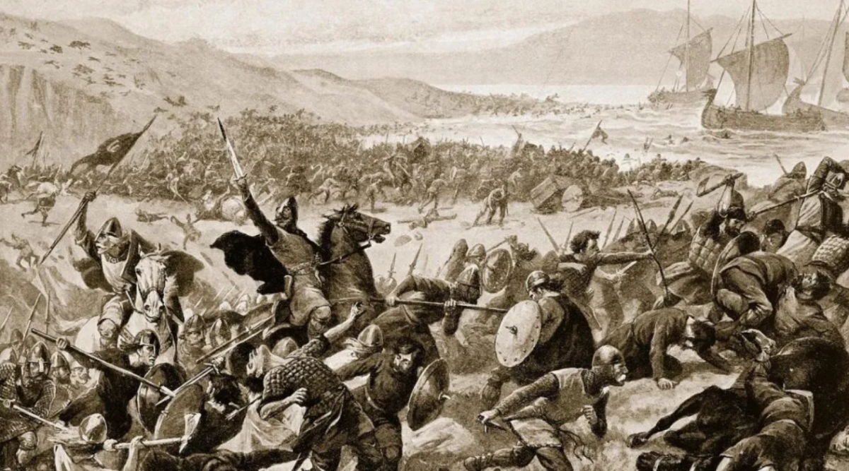 Sepia image showing anglo saxon warriors in the dark ages. 