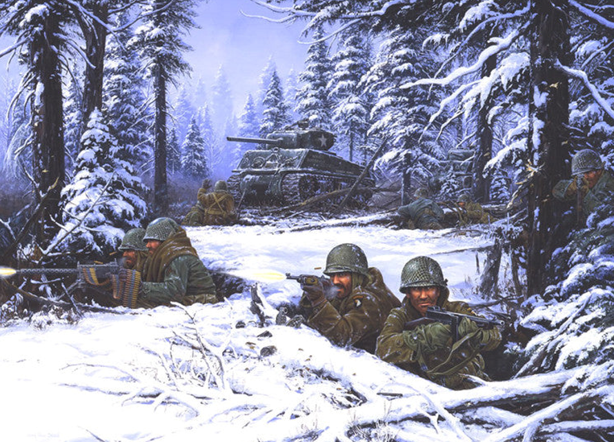 Painting depicting a winter forest with soldiers and a tank.