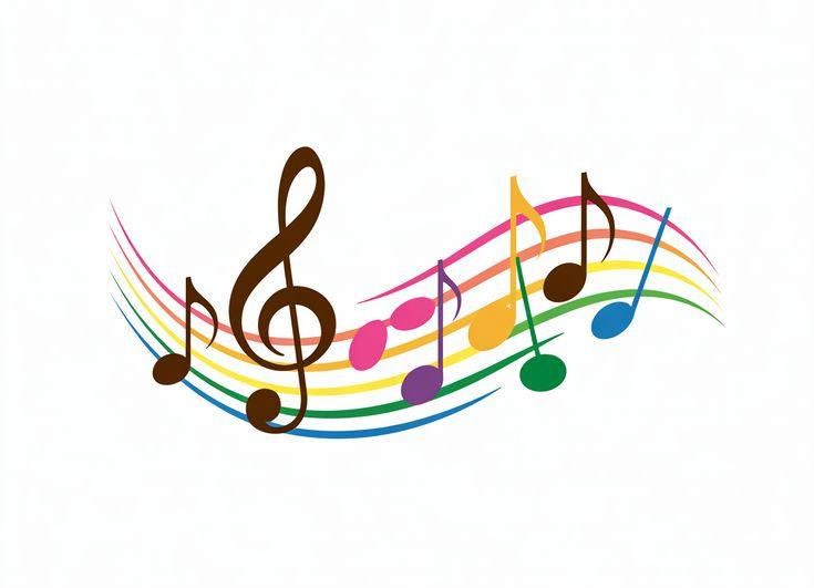 Black treble clef and musical notes floating against a white background