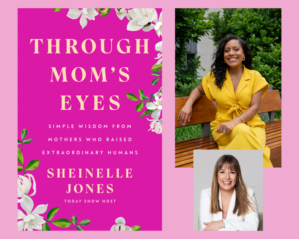 book cover and Sheinelle in a yellow dress and a photo of Liz