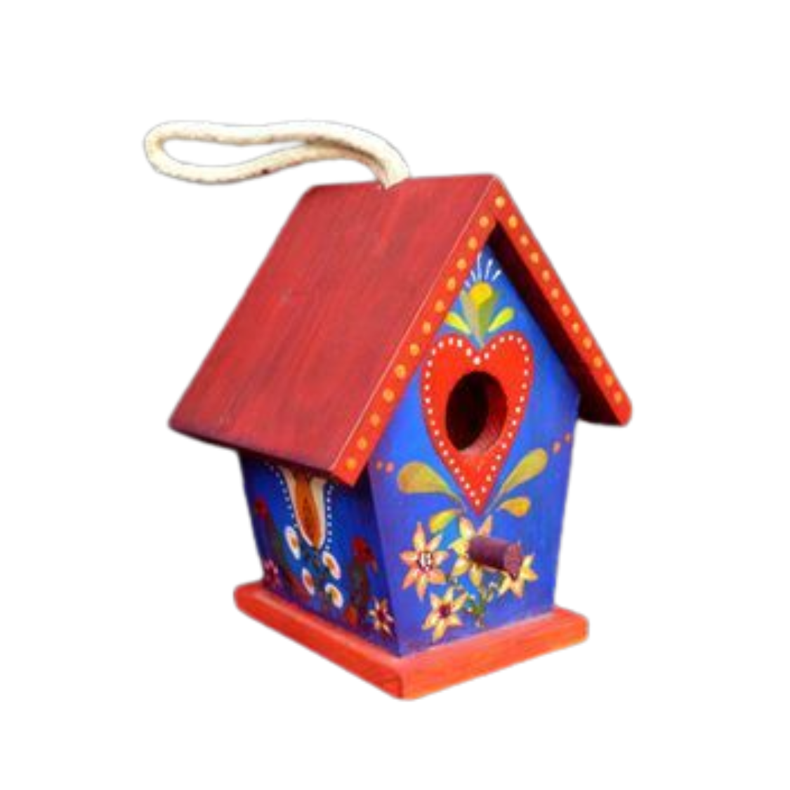 This is a birdhouse painted with a blue background and flowers