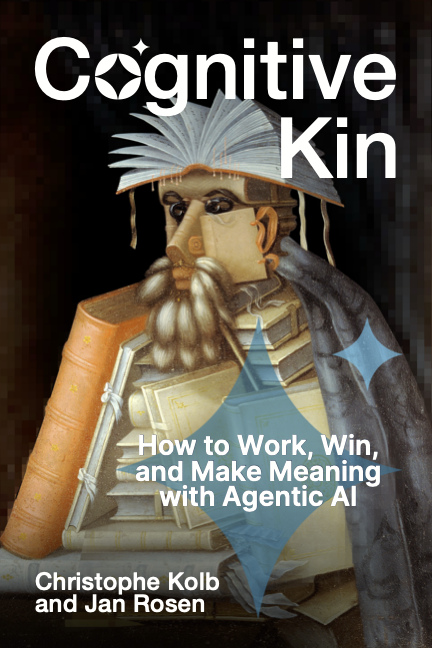 Dark book cover with artistic image of a creature made of books