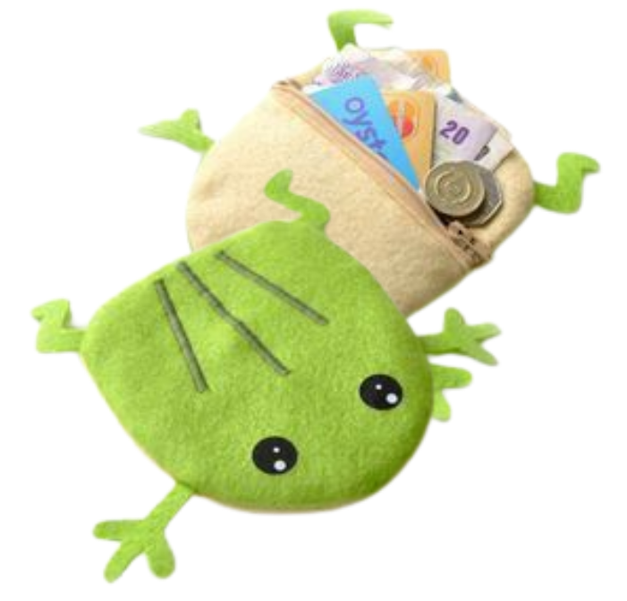 Photo of the top and bottom of a coin purse shaped like a frog. 