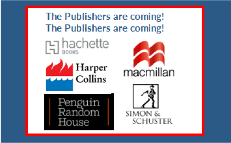 graphic of publishers program with logos of hachette, harper collins, penguin random house, macmillan, simon & schuster
